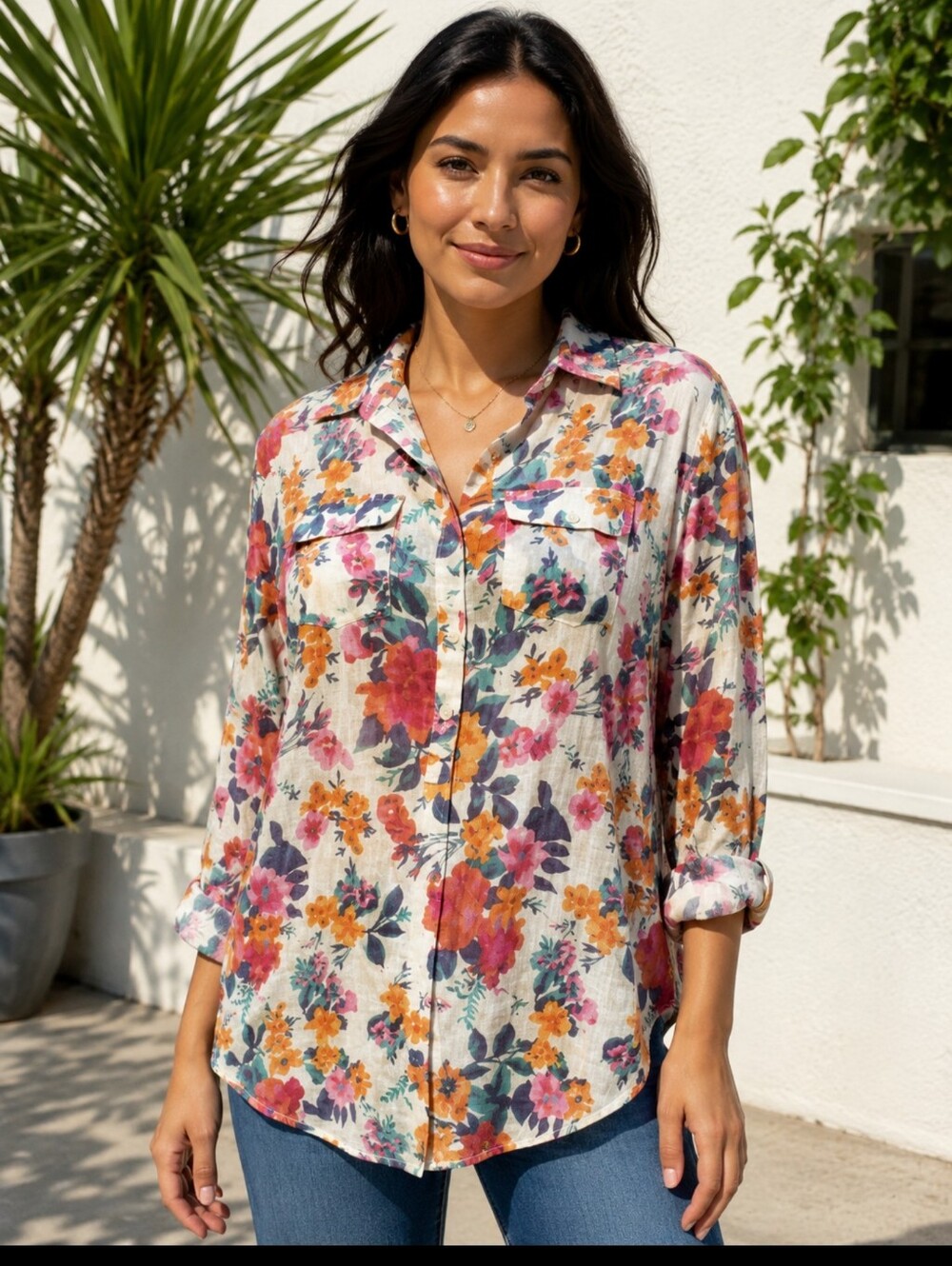 JAK size L Boho Peasant multicolored Women's Top Shirt floral Buttons front